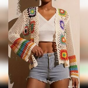 New  Floral Colorful Crochet Kimono Cardigan with Hollow Long Sleeves